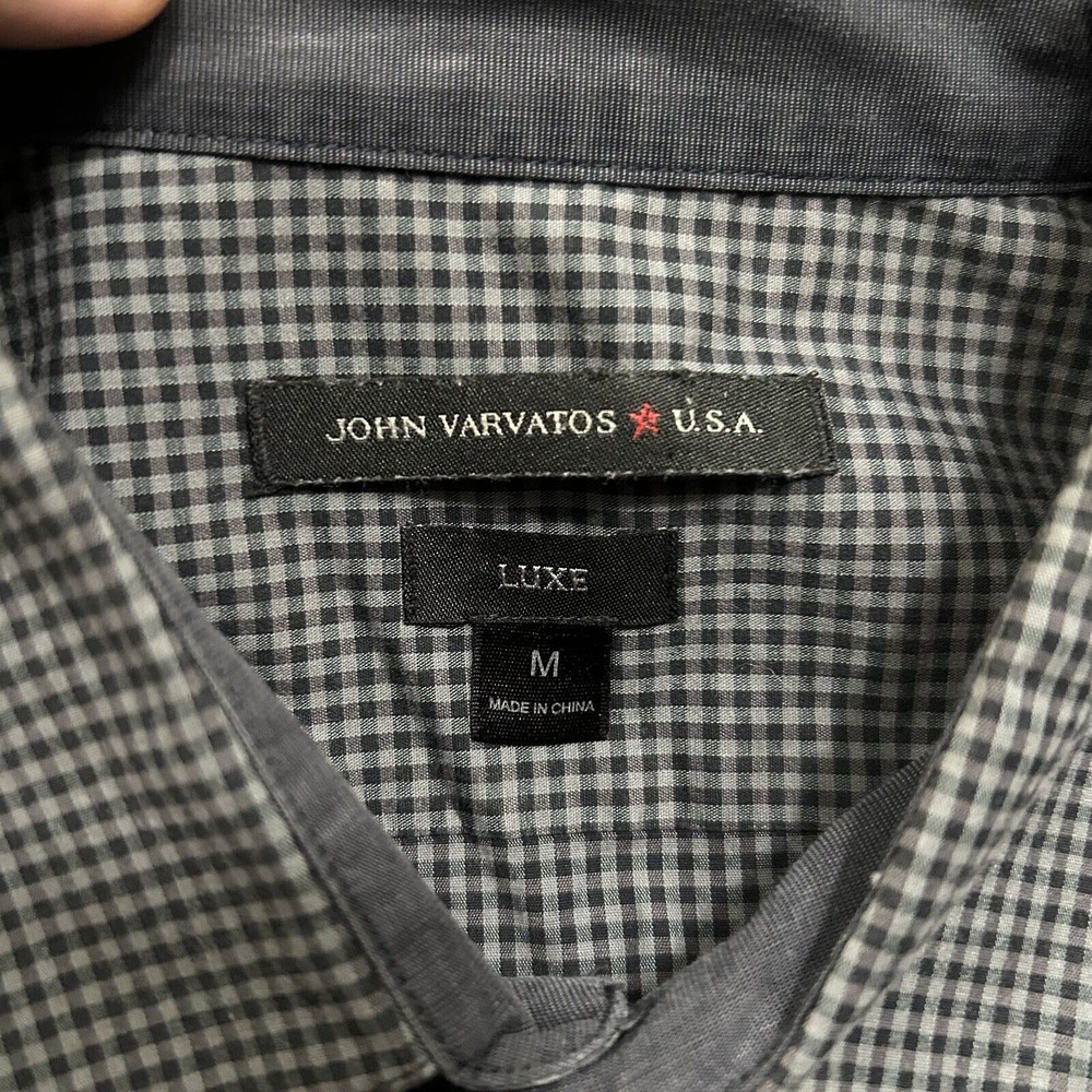 John Varvatos Shirt Mens Medium Gray‎ Black Gingham Plaid Luxe Button Up Adult - Picture 6 of 11